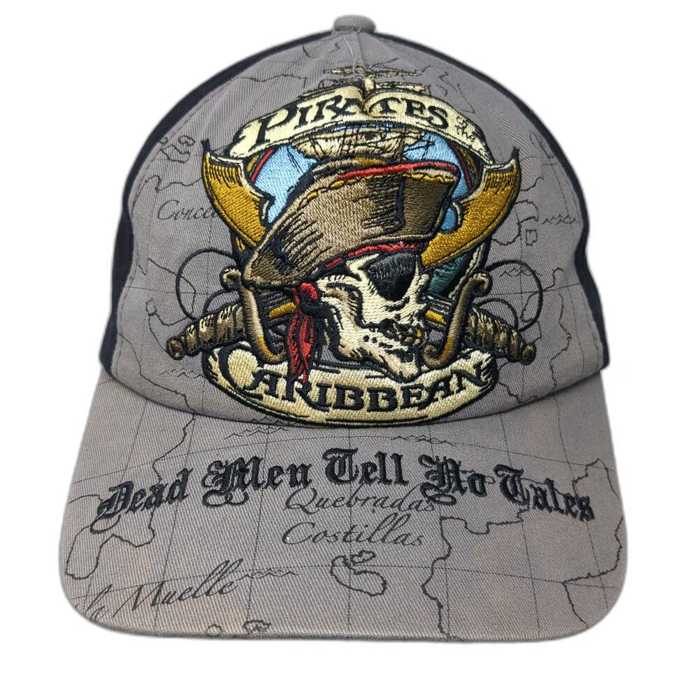 Disney Parks 5 Panel Gray One Size Hat Pirates of the Caribbean Map Print Skull